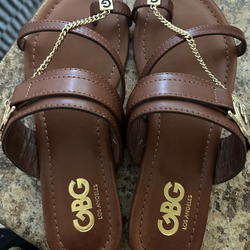 GBG Los Angeles Brown Sandals with Gold Chain Accent